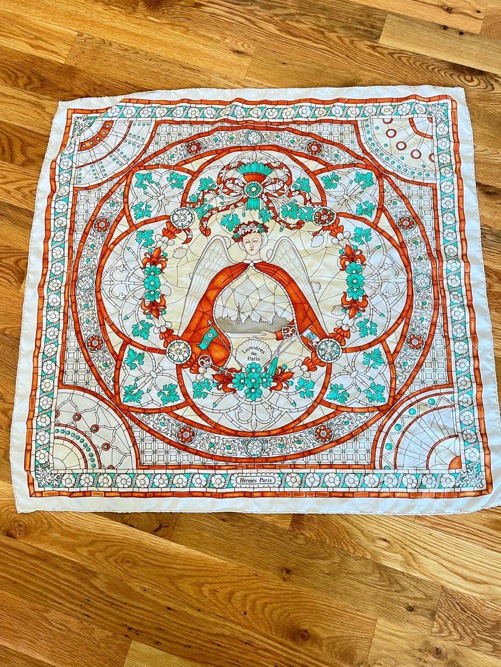 Authentic Hermes Silk Scarf Lumieres de Paris-Lights of Paris 90cm orange multi
